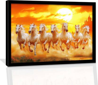 Rainbow Arts 7 Horses Vastu Frame Wall Art Painting for Living Room Bedroom Office | Digital Reprint 13 inch x 10 inch Painting