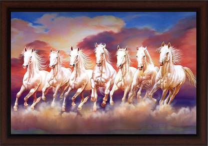 Masstone Seven Running Horse Vastu UV textured Framed Digital Reprint 14 inch x 20 inch Painting
