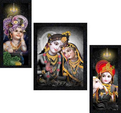 Poster N Frames Love Couple Radha Krishna Set of 3 with Acrylic Sheet (Glass) painting-1052 Digital Reprint 14 inch x 22 inch Painting