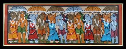 PATACHITRA Adibasi with umbrella Natural Colors 7 inch x 14.5 inch Painting