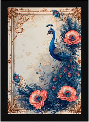FRIZZY ARTS Regal Peacock in Bloom – Elegant Floral Bird Wall Art Digital Reprint 20 inch x 14 inch Painting