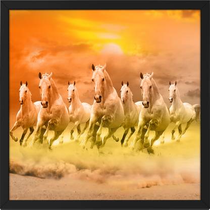Ritwika's Seven Horse Running Sunset Vastu Motivational Effective Wall Art Framed Painting Digital Reprint 13.5 inch x 13.5 inch Painting