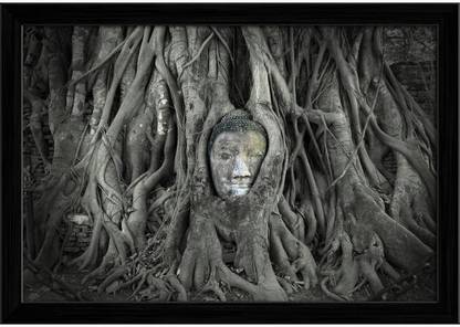 Artzfolio Sandstone Buddha In The Tree Roots At Wat Mahathat Ayutthaya Thailand Framed Wall Art Painting Print Canvas 12 inch x 17 inch Painting