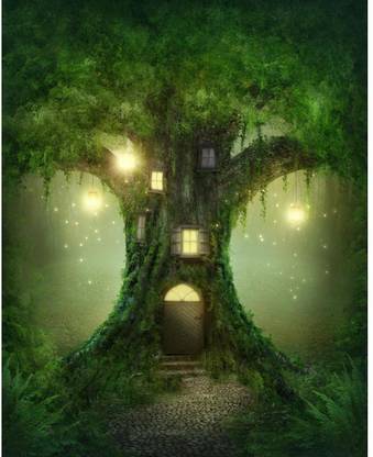 Pitaara Box Fantasy Tree House In Forest Unframed Wall Art Painting Print Canvas 25 inch x 20 inch Painting