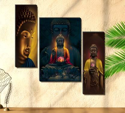 SNDArt Set Of 3 Lord Buddha Uv Textured Wall Paintings For Living Room Digital Reprint 17.9 inch x 12 inch Painting