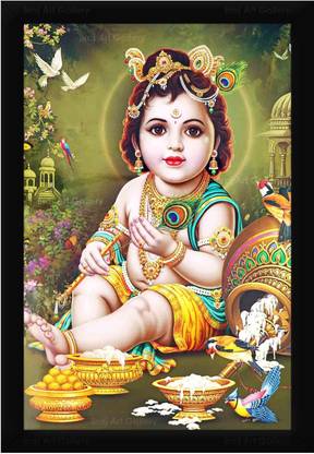 Braj Art Gallery Baby Krishna with Makhan and Birds Photo Frame Digital Reprint 19.5 inch x 13.5 inch Painting