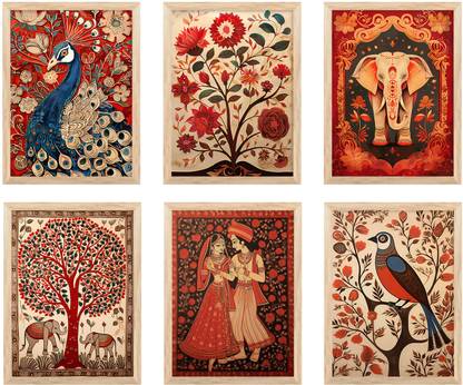 Artifly Set of 6 Framed madhubani art Paintings for Living Room and wall decor P-06 Digital Reprint 13 inch x 10 inch Painting