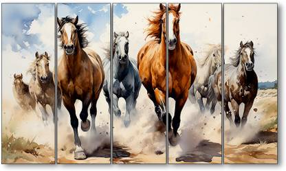 TheCastleDecor watercolour 7 running vaastu horses Set of 5 Big Size Multiple Natural Colors 48 inch x 28 inch Painting