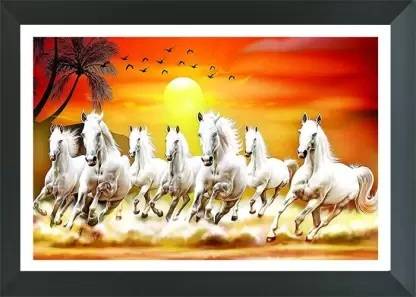 AARTKALA seven running white horse | seven horse vastu framed painting Digital Reprint 14 inch x 20 inch Painting