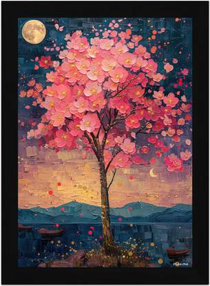 FRIZZY ARTS Sakura Dreams – Cherry Blossom Tree at Dusk A4 Digital Reprint 13 inch x 10 inch Painting
