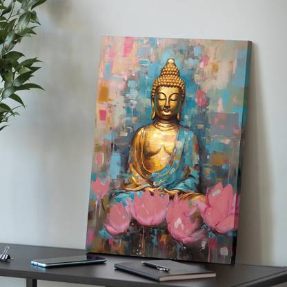 Painting Mantra Stretched On Frame Painting Peaceful Lord Buddha with Flowers Abstract Art Canvas 22 inch x 16 inch Painting