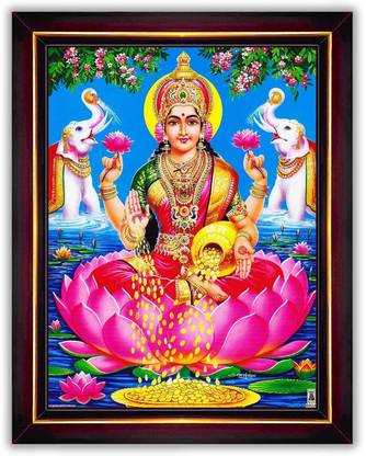 LVY Arts Goddess Lakshmi Devi Dhana Vaibhav Laxmi Maa Wall Painting Framed Home Decor Digital Reprint 8 inch x 6 inch Painting