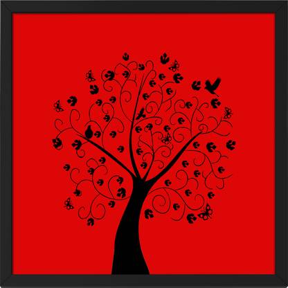 Ritwika's Red Color Digital Reprint Modern Art of Blooming Tree Painting with Frame Digital Reprint 13.5 inch x 13.5 inch Painting