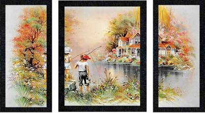 पोस्टर न फ्रेम्स Landscape Scenery Set of 3 with Acrylic Sheet (Glass) painting-1446 डिजिटल रीप्रिंट 13.5 inch x 10.5 inch पेंटिंग