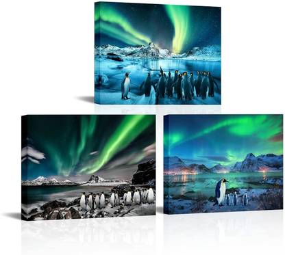 Vedic Vastu 3 Piece Penguin Canvas Wall Art Cute Penguin under Aurora Picture Prints Canvas 16 inch x 12 inch Painting