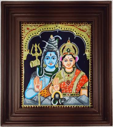 JlineArts Tanjore Painting Shiva Parvathi, Traditional Art Work, 22C Gold Foil work Canvas 15 inch x 13 inch Painting
