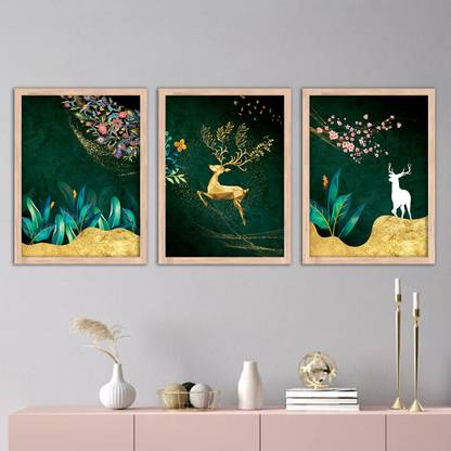 Rainbow Arts Abstract Art Framed Paintings for Wall Decor - Golden Deer Paintings with Frame Digital Reprint 14 inch x 11 inch Painting