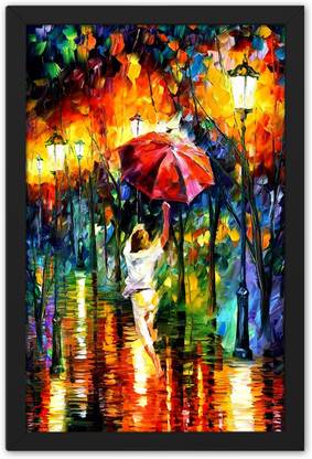 Ritwika's A Boy With Umbrella Raining Watercolor Framed Painting Digital Reprint 13.5 inch x 9.5 inch Painting