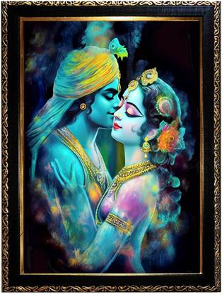 ER HANDICRAFT RADHA KRISHNA AI GLOSSY PHOTO WITH GOLDEN BLACK FRAME A4 SIZE Digital Reprint 14 inch x 10 inch Painting