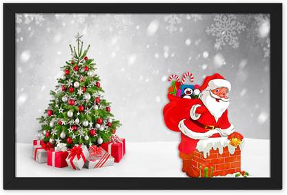 Ritwika's Santa Claus Merry Christmas Tree Frame Painting Digital Reprint 9.5 inch x 13.5 inch Painting