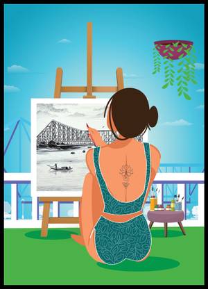 Happy doki Howrah Bridge: Iconic Landmark of Kolkata. Digital Reprint 16.5 inch x 11.7 inch Painting