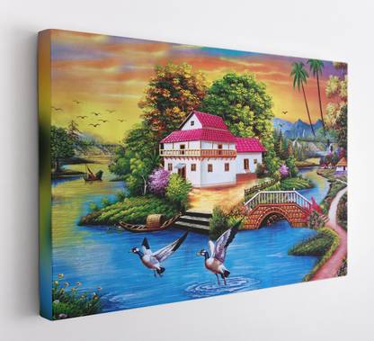 GIFTMASTER Home In Forest With River Painting Wall Art Canvas 20 inch x 30 inch Painting