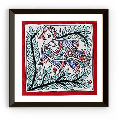 ePrashast Original Handmade Peacock Madhubani Painting With Frame (4*4) Pastel 7 inch x 5 inch Painting