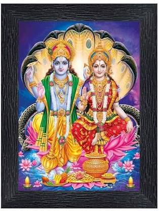 Atelic Lord Vishnu Laxmi Mata Wooden Photo Frame for Pooja and Daily Worship Digital Reprint 13 inch x 10 inch Painting