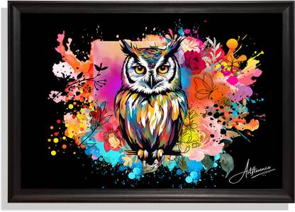 Artfluence Artistic Owl Abstract Painting For Home, Office, Cafes, Hotels Black Framed Canvas 13.7 inch x 18.5 inch Painting