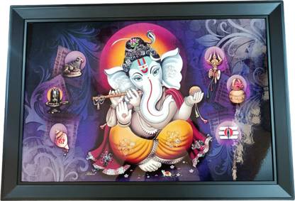 LAXMI KALA Ganesh Ji Painting With crystals on top 14 inch x 20 inch Painting (With Frame) Digital Reprint 14 inch x 20 inch Painting