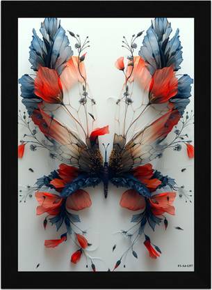 FRIZZY ARTS Floral Butterfly – Red and Blue Botanical Wings Art Print A4 Digital Reprint 13 inch x 10 inch Painting