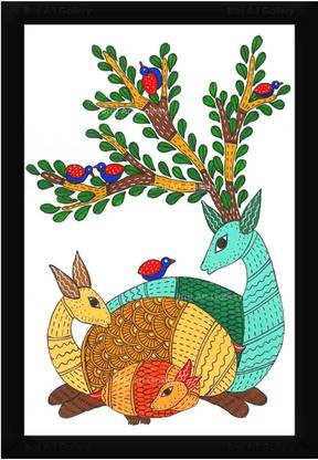 Braj Art Gallery Mother and Baby Deer Gond Painting Photo Frame Digital Reprint 19.5 inch x 13.5 inch Painting