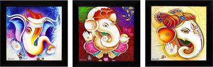 Chaque Decor Textured Paper Ganesh Ji Painting Framed Set Of 3 For Home Decor, Living Room Digital Reprint 11 inch x 11 inch Painting