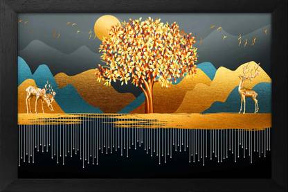 Art Amori Geometric Mountains And Deer Fantasy land Digital Reprint 12 inch x 18 inch Painting