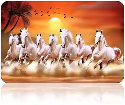 ambika fashion Vastu Seven Running Horses Without Glass Framed Art Print for Room Decor Digital Reprint 11 inch x 14 inch Painting