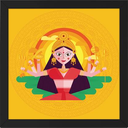 Ritwika's Modern Wall Art Of Goddess Durga With Frame For Home And Office Décor Digital Reprint 13.5 inch x 13.5 inch Painting