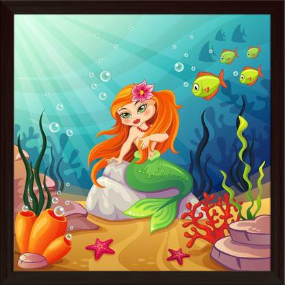 Artzfolio Underwater Mermaid World Canvas Painting Dark Brown Frame 24x24inch (61x61cms) Canvas 24 inch x 24 inch Painting