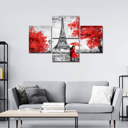 VIBECRAFTS Couple Under An Umbrella On Eiffel Tower 4 Pcs Wall Painting ( PTVC4Pcs4_16502 ) Canvas 21 inch x 34 inch Painting