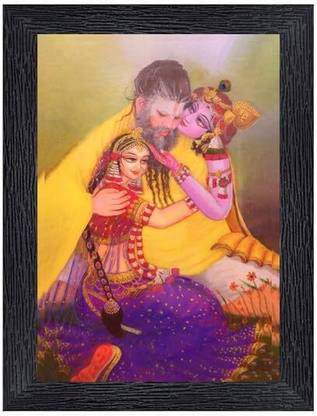 LVY ART Premanand Ji Maharaj with Radha Rani & Krishna Photo Frame - Small Wall Decor Digital Reprint 8 inch x 7 inch Painting