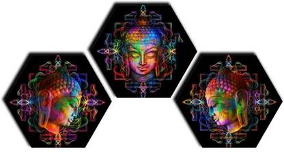 Heritage India Different Human Face Scenery Home Decor Set of 3 Wooden 3D Hexagon Wall Painting Oil 10 inch x 12 inch Painting