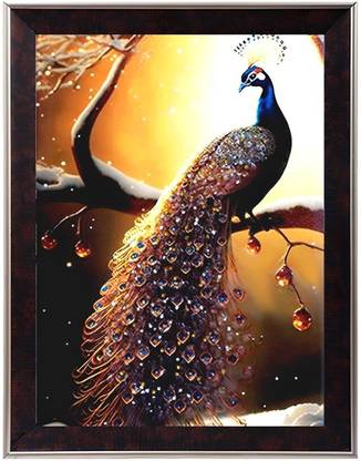 Art Amori Crystal embedded Peacock and sunlight Glass Print 20 inch x 14 inch Painting