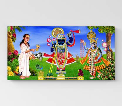 GIFTMASTER Lord Shrinathji Yamunaji Mahaprabhuji Photo Frame Canvas 14 inch x 28 inch Painting