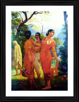 FRAMEPIC Shakuntala with her Companions (1870). A Raja Ravi Varma Painting. Digital Reprint 18 inch x 14 inch Painting