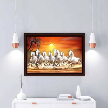 WALLSTOXX 7 Running Horses Vastu UV Textured 11 inch x 14 inch Painting (With Frame) Digital Reprint 11 inch x 14 inch Painting