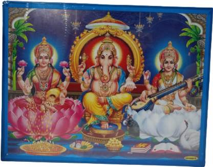 SIMSNURA Photo Lakshmi Devi Ganesha Saraswati Ganesh Hanging Wall Painting Digital Reprint 9 inch x 11 inch Painting