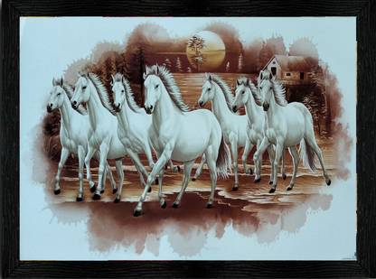 GLSTRINGART Gl Seven running white horse painting | Seven horse vastu painting with frame Digital Reprint 14 inch x 20 inch Painting