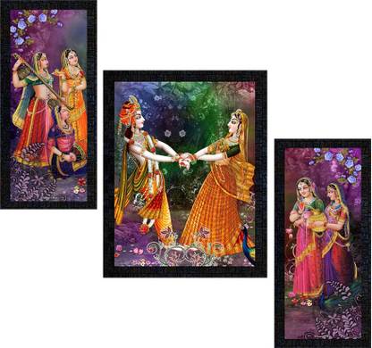 Poster N Frames Love Couple Radha Krishna Set of 3 with Acrylic Sheet (Glass) painting-0484 Digital Reprint 14 inch x 22 inch Painting