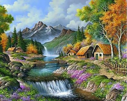 Xeekart Bridge Hut Scenery Paint by Number for Kids and Adults Beginner, DIY Canvas 16 inch x 20 inch Painting