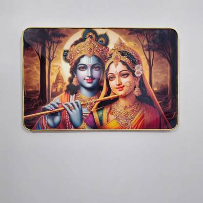 Masstone Radhe Krishna Flute Crystal Embedded High Gloss Surface with Golden Slim Frame Embossed 12 inch x 18 inch Painting
