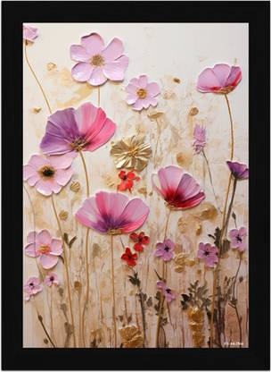 FRIZZY ARTS Blush Bloom Symphony – Textured Pink & Gold Wildflower A4 Digital Reprint 13 inch x 10 inch Painting